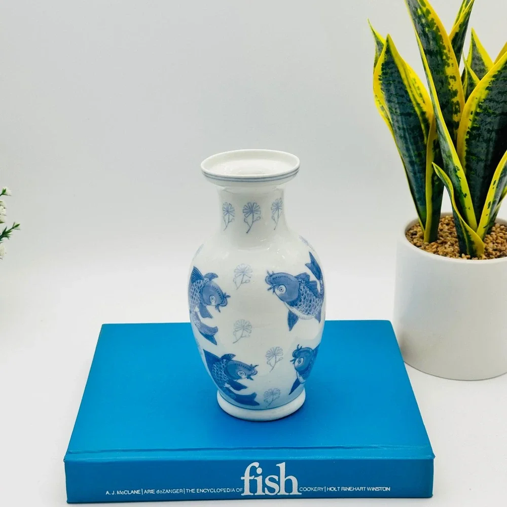 Vintage Blue and White Porcelain Koi Fish Vase Chinoiserie Floral 8 Inch